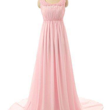 Scoop Neck Long Chiffon Prom Dress Lace Pleat..
