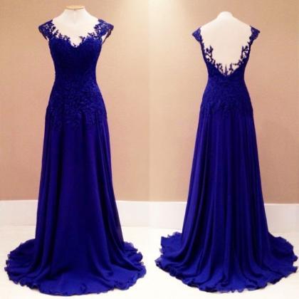 Royal Blue Chiffon Prom Dress Scoop Neck Lace..