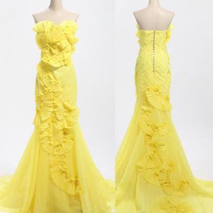 Mermaid Lemon Yellow Long Chiffon Prom Dresses..