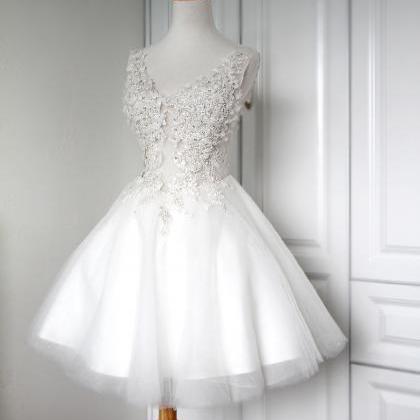 White Tulle Homecoming Dresses Mini Beaded Lace..