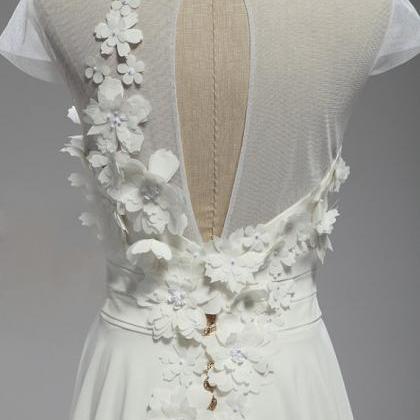 Cap Sleeve Chiffon White Prom Dresses Appliques..