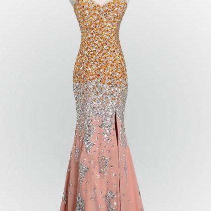 Shining Crystals Mermaid Chiffon Prom Dresses..