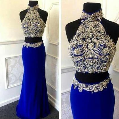 High Neck 2 Pieces Chiffon Prom Dresses With..