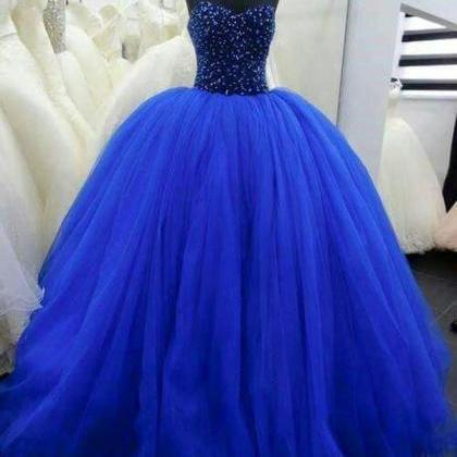 Sweetheart Neck Blue Ball Gown Tulle Prom Dresses..