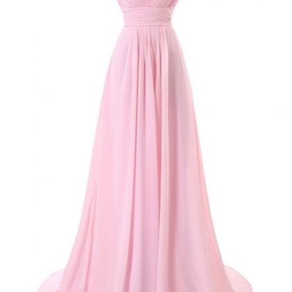 V-neck Pink Long Chiffon Bridesmaid Dresses Pleat..