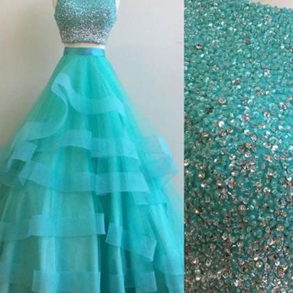Two Pieces Tulle Prom Dresses Crystals Beaded..