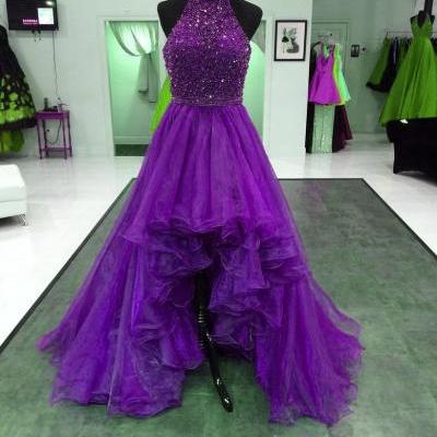 Halter Neck Purple Tulle Prom Dresses Crystals Floor Length Women Party Dresses