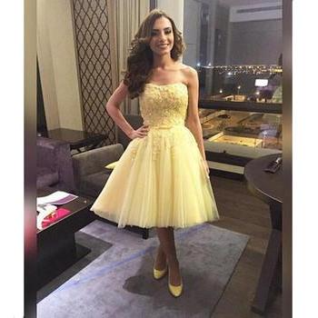 Tea Length Yellow Tulle Prom Dress Strapless Lace Women Party Dress