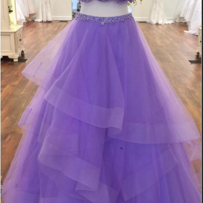 Long Purple Tulle Prom Dress 2 Pieces Off the Shoulder Lace Women Party Dress, Floor Length Evening Dress AF060103