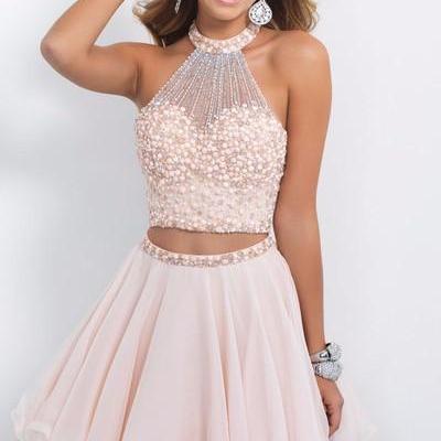 Two-Pieces Short Homecoming Dress Featuring Halter Neck Crop Bodice with Beaded Embellishments and Cutout Back