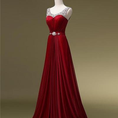 Dark Red Women's Long Chiffon Prom Dress Scoop Neck Beaded Party Dress