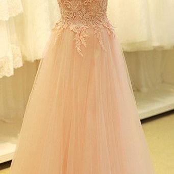 Light Pink Tulle Prom Dresses Scoop Neck Lace Appliques Party Dresses