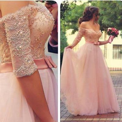 Half Sleeves Charming Long Tulle Prom Dresses Sweetheart Beaded Party Dresses 2016