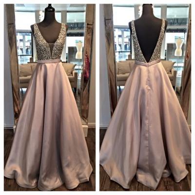 Charming Satin Prom Dresses 2016 Deep V-neck Crystals Beaded Floor Length Women Dresses Custom Made