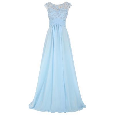 Light Blue Floral Appliqué Chiffon Long Prom dress with Illusion Jewel Neckline and Sheer Back