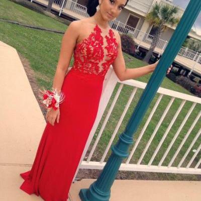 Backless Red Prom Dresses, Long Chiffon prom Dresses, Sheath Lace Women Party Dresses 2017