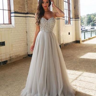 Sweetheart Neck Grey Tulle Prom Dresses Crystals Floor Length Women Dresses