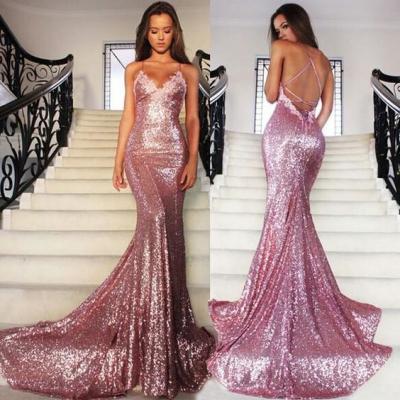 Long Mermaid Sequin lace Prom Dresses Floor Length Women Pink Evening Dresses