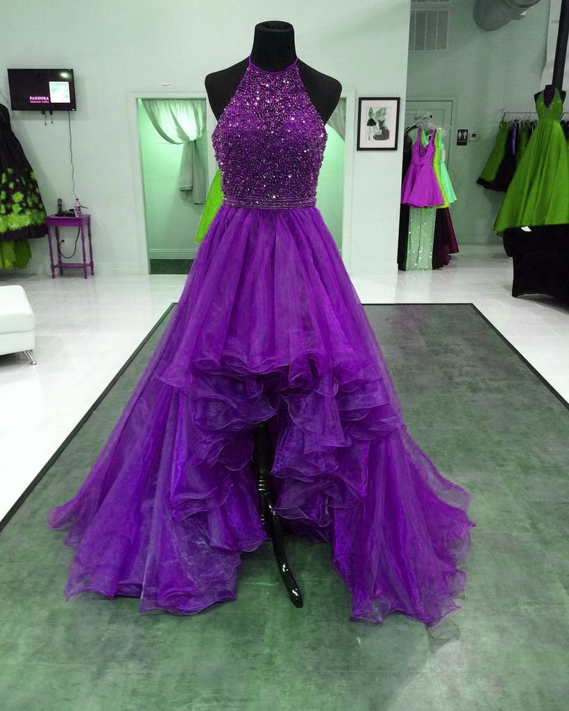 purple halter neck dress