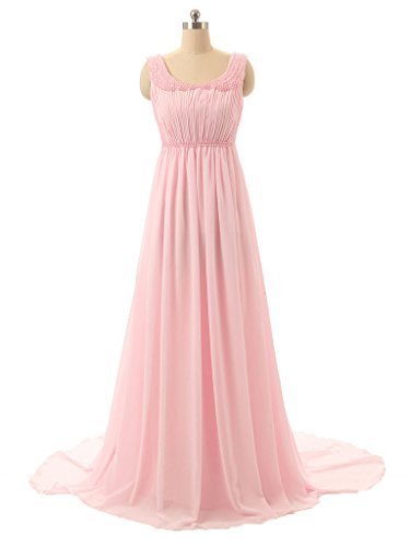 Scoop Neck Long Chiffon Prom Dress Lace Pleat Women Dress