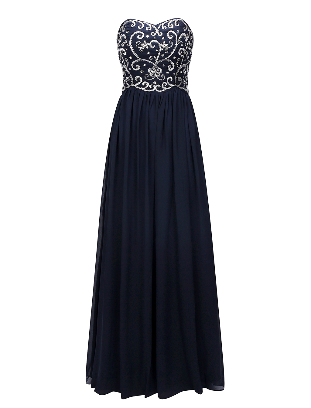 Embroidery Navy Blue Chiffon Prom Dress Strapless Beaded Long Formal Dress