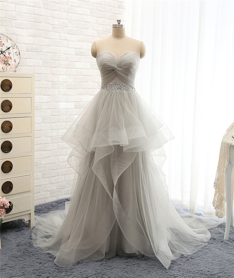Tiered Grey Tulle Women Prom Dress Strapless A-line Tiered Women Party Dress