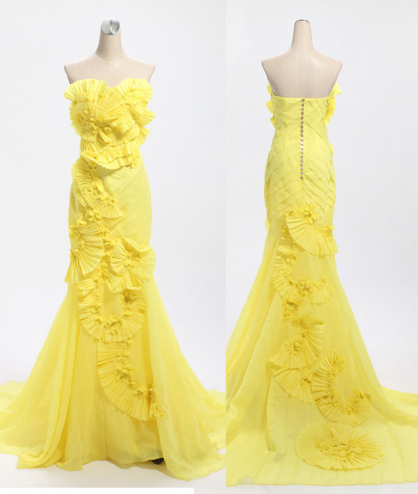 Mermaid Lemon Yellow Long Chiffon Prom Dresses With Tulle Appliques Women Dress