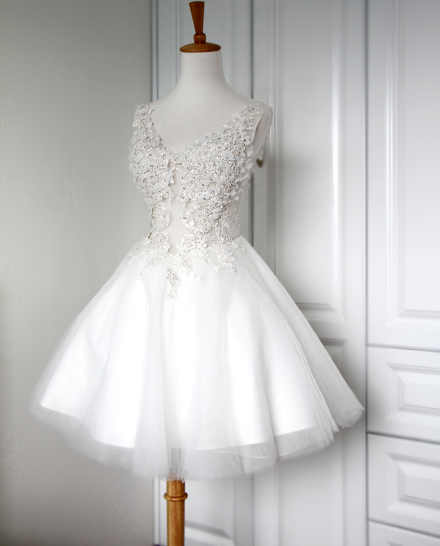 White Tulle Homecoming Dresses Mini Beaded Lace Party Dress
