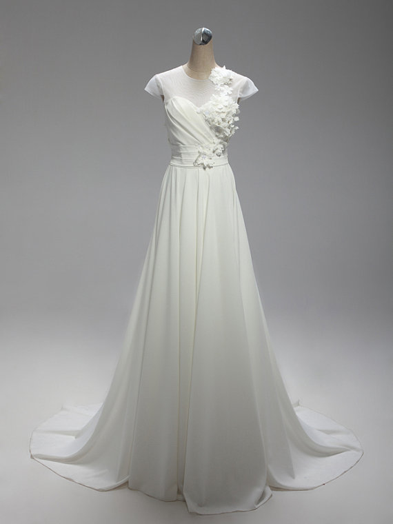 Cap Sleeve Chiffon White Prom Dresses Appliques Long Women Party Dress