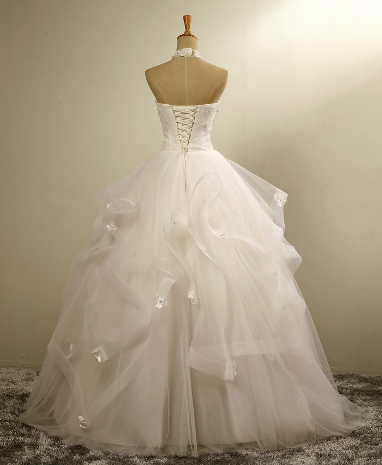 High Neck Floor Length Tulle Wedding Dress With Ruffle Overskirt