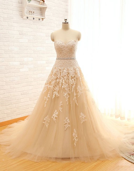 Champagne Tulle Lace Appliques Wedding Dresses A-line Women Bridal Gowns