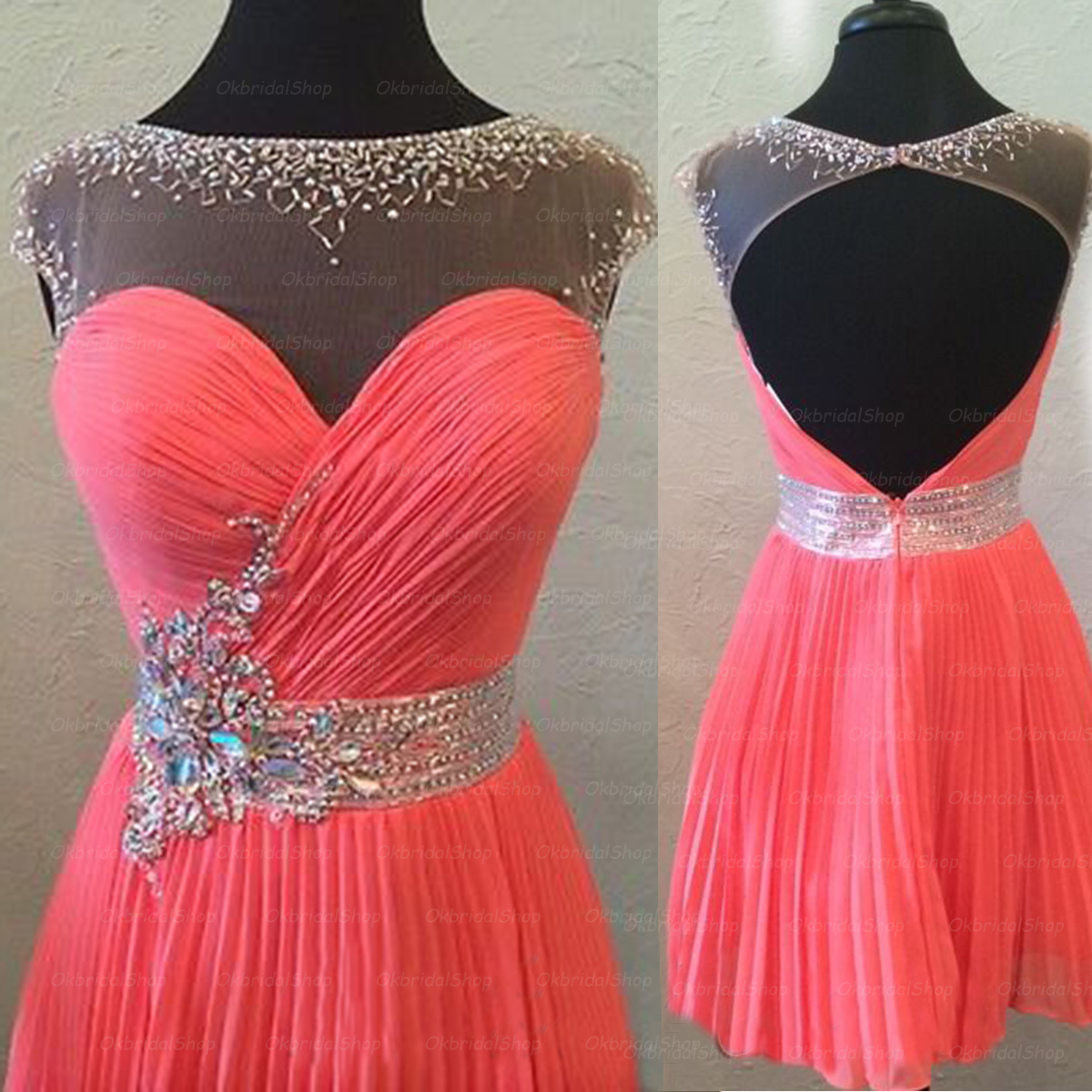 Open Back Short Chiffon Dresses Scoop Neck Beaded Women