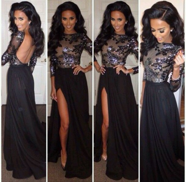 Black Chiffon Liques Long Sleeve Prom Dresses Backless Evening Black Chiffon Liques Long Sleeve Prom Dresses Backless Evening