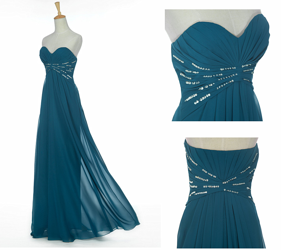 Sweetheart Neck Long Chiffon Prom Dresses Crystals Party Dresses Floor Length