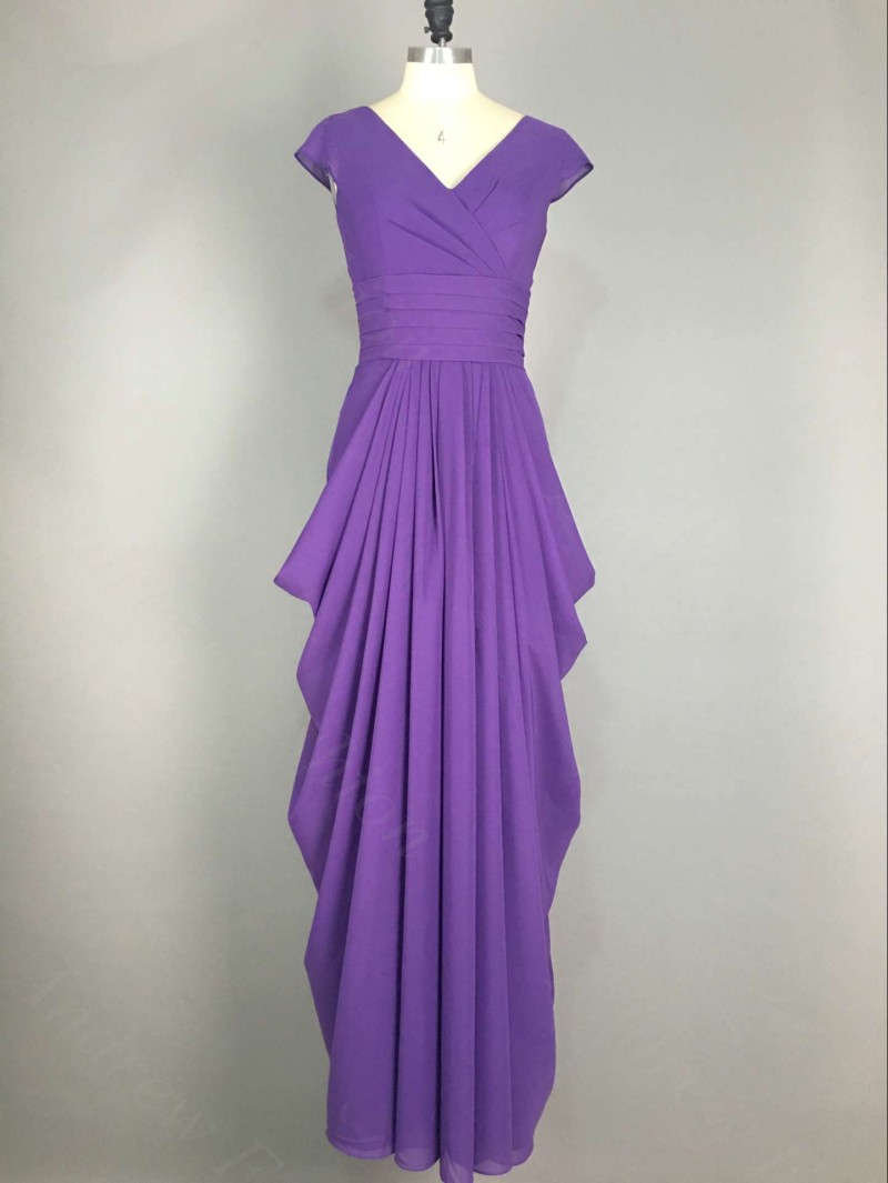 V-neck Long Chiffon Prom Dresses Floor Length Belt Women Dresses Cap ...