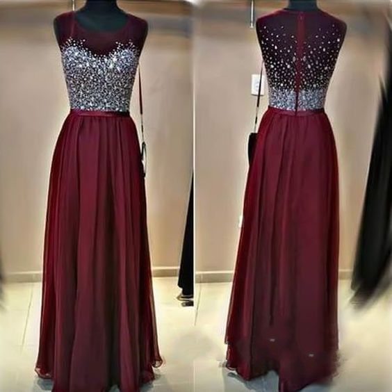 Scoop Neck Long Chiffon Prom Dresses Crystals Floor Length Party Dresses Custom Made Women Dresses