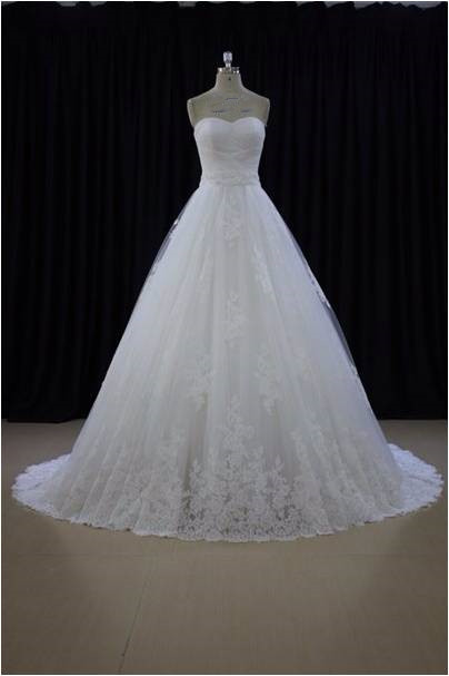 Sweetheart Neck A-line White Lace Wedding Dresses Appliques Women Bridal Gowns