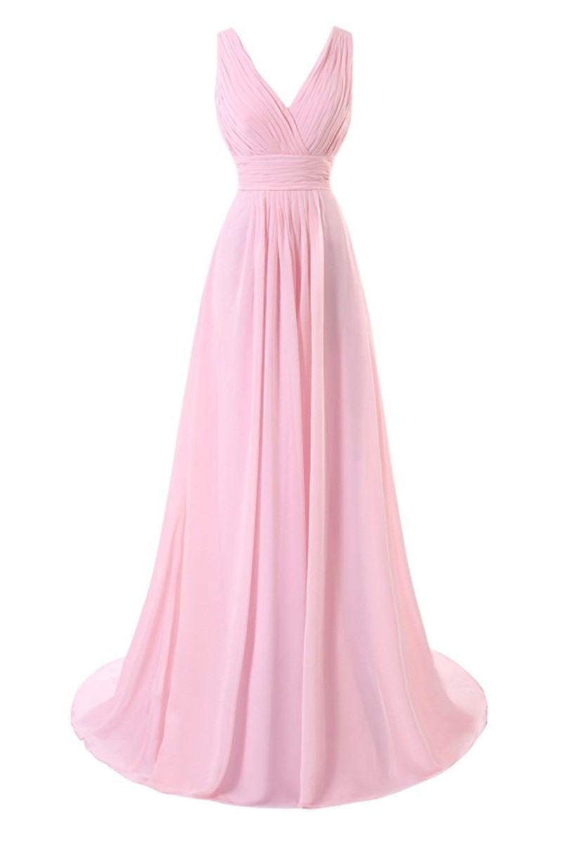 V-neck Pink Long Chiffon Bridesmaid Dresses Pleat Women Dresses