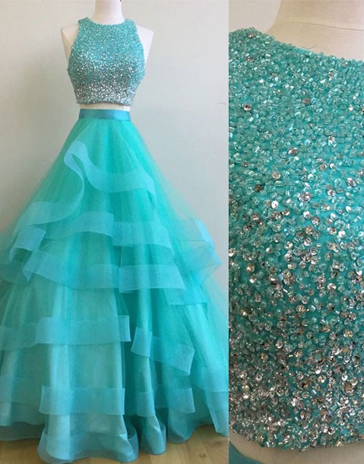 Two Pieces Tulle Prom Dresses Crystals Beaded Floor Length Women Dresses