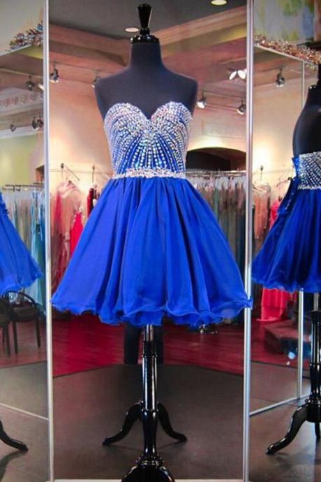 Above knee Mini Blue Prom Dress Sweetheart Beaded Women Party Dress