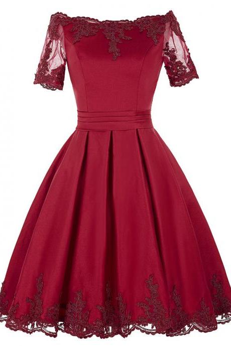 Burgundy Off-the-shoulder Satin Short Evening Dress With Lace Trim Neckline And Sheer Sleeves