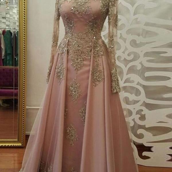 Long Sleeves Tulle Dresses with Appliqued Coral