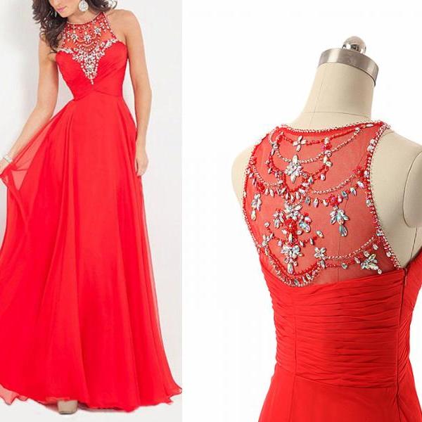 Red Chiffon Prom Dress Beaded Scoop Neck Long Women Party Dress