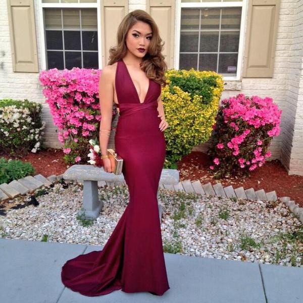 Wine Red Halter Backless Prom Dress