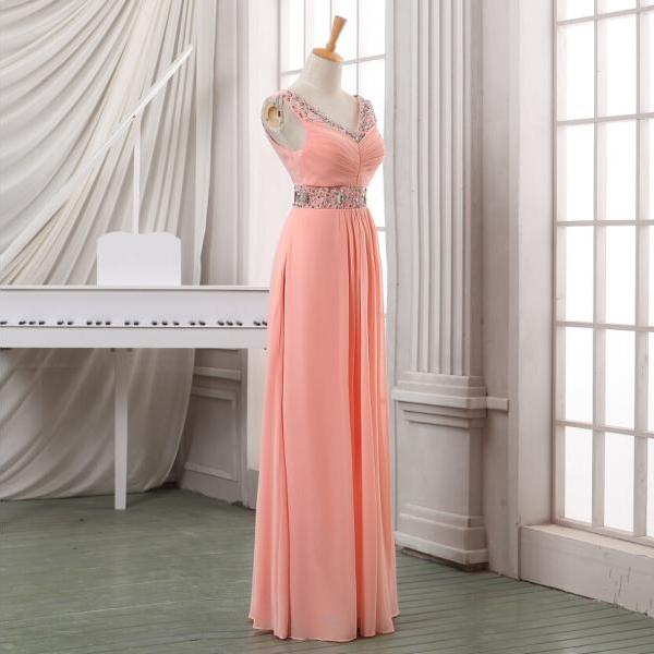 Spaghetti Straps A-line Long Chiffon Prom Dresses With Crystals Floor