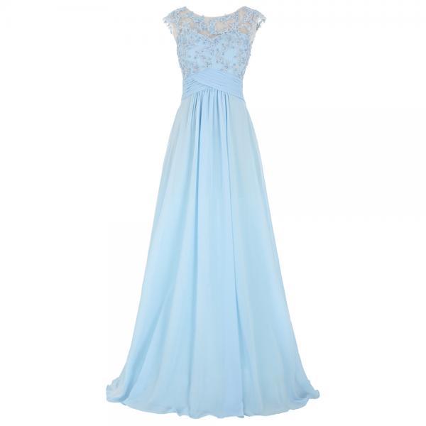 Light Blue Floral Appliqué Chiffon Long Prom Dress With Illusion Jewel ...