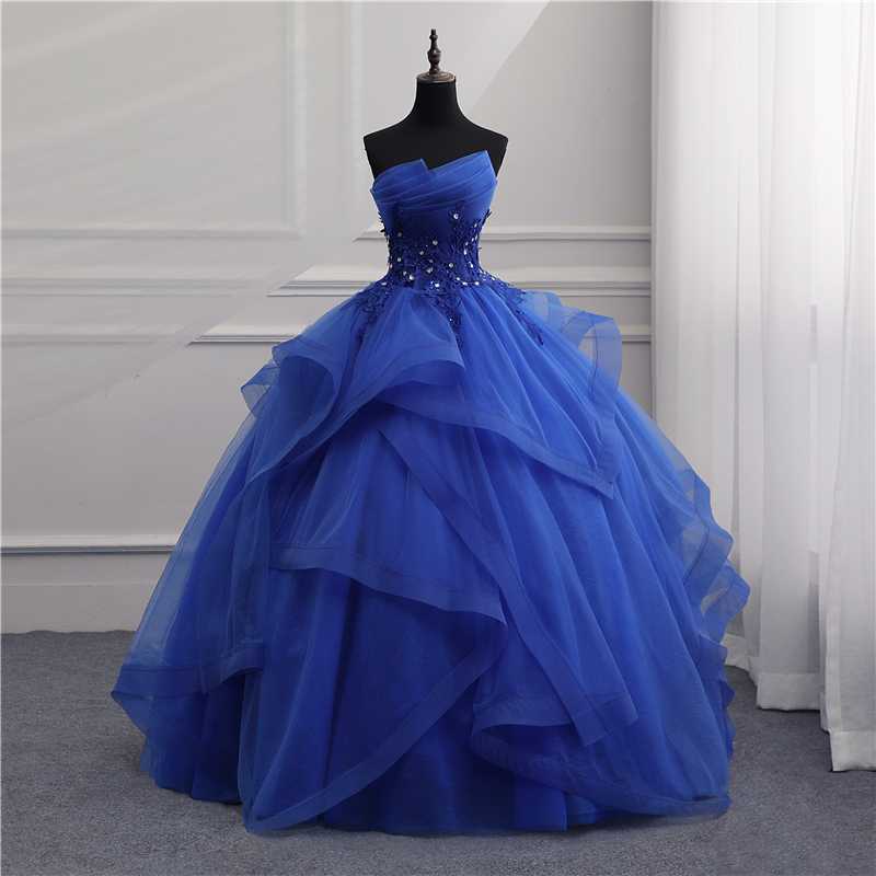 Ball Gown Royal Blue Tulle Prom Dress Strapless Beaded Floor Length ...
