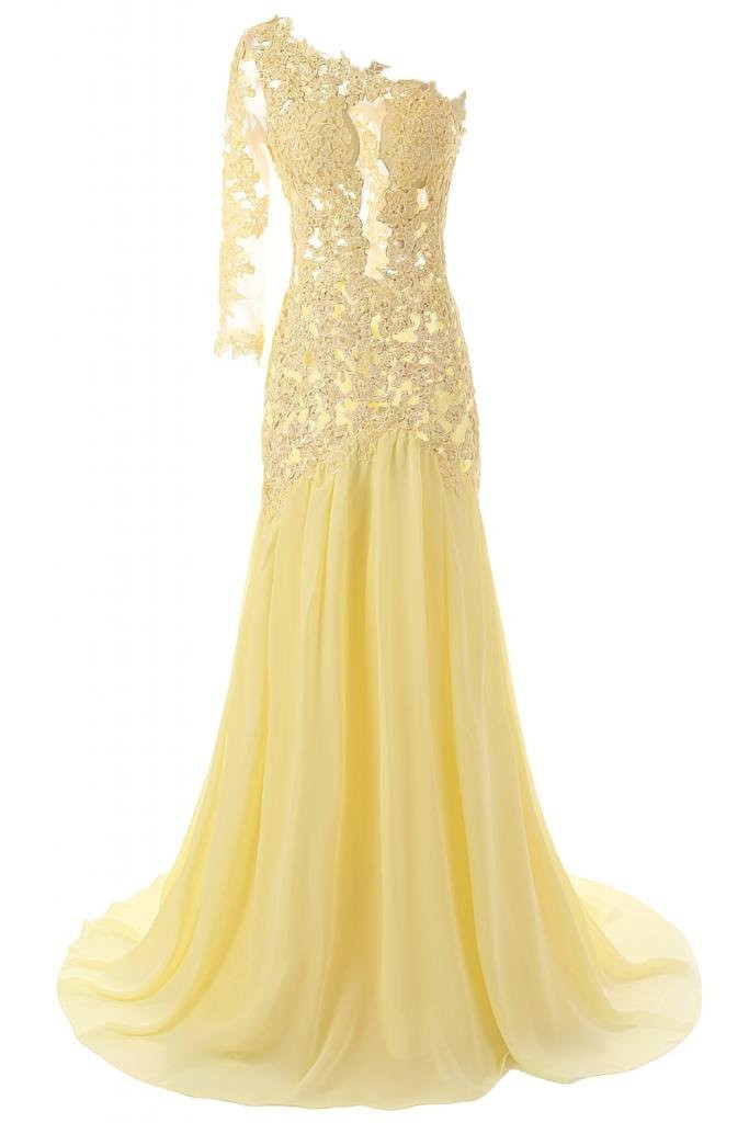 One Shoulder Yellow Chiffon Prom Dresses Appliques Beaded Floor Length ...