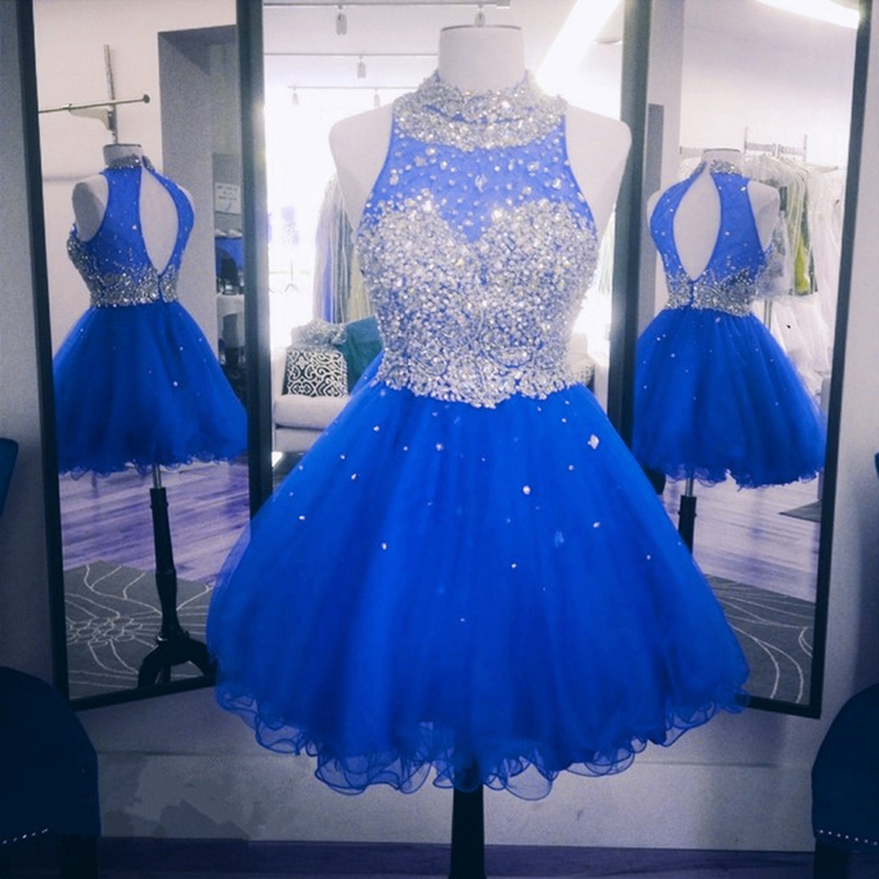 Blue Short Tulle Homecoming Dresses Halter Neck Crystals Women Party ...
